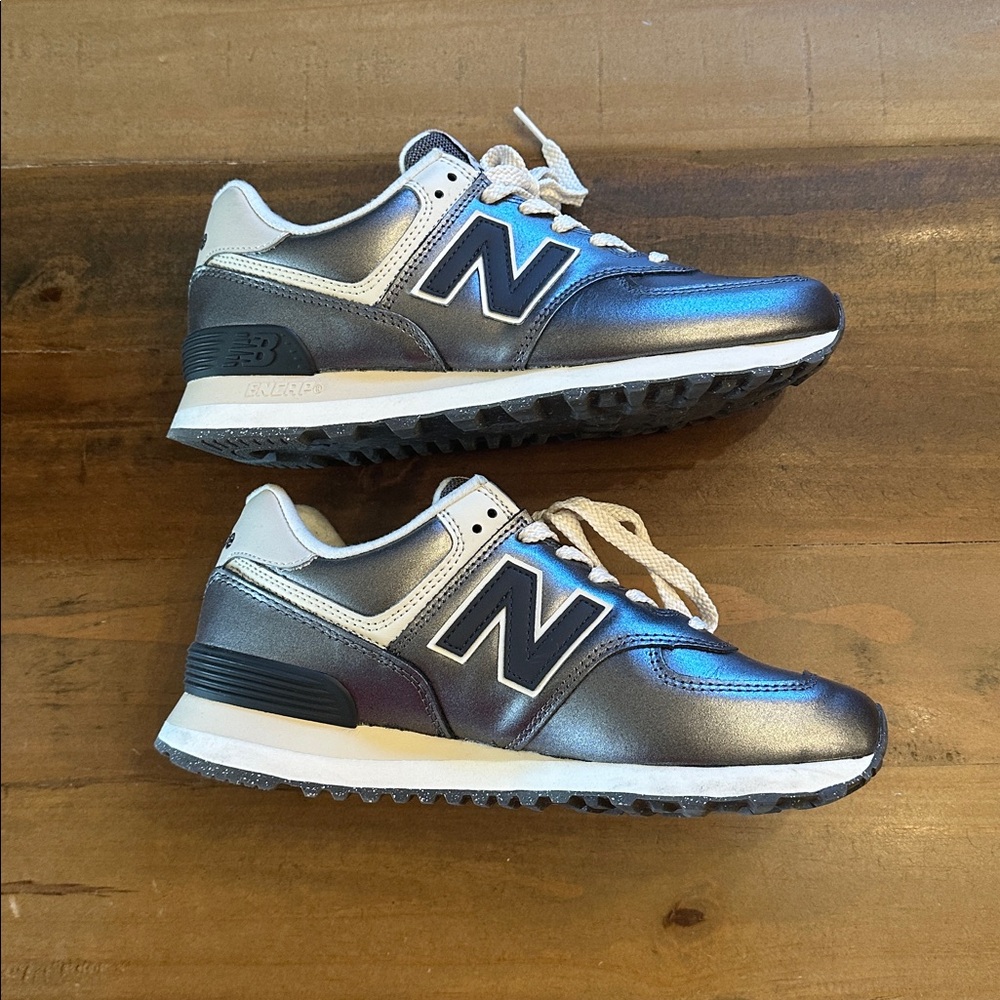 New Balance 574 Women’s Metallic Silver and White Sneakers
